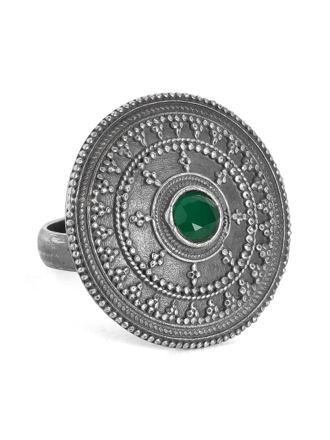 

Rubans Oxidized Silver-Plated Green Stone-Studded Handcrafted Adjustable Finger Ring