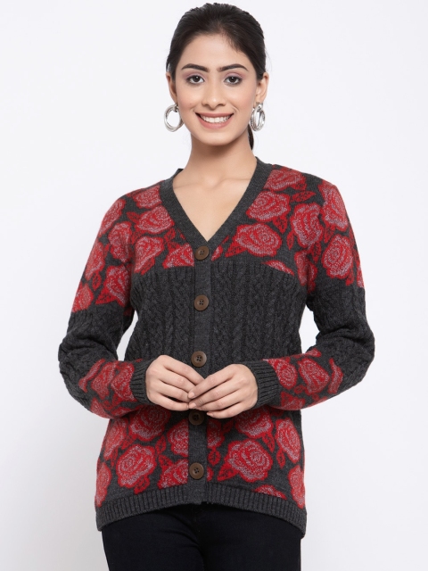 

Kalt Women Grey & Red Printed Cardigan Sweater