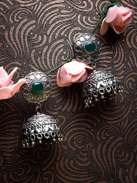

GloBox By ZeroKaata Green Silver-Plated Oxidized Handcrafted Contemporary Jhumkas