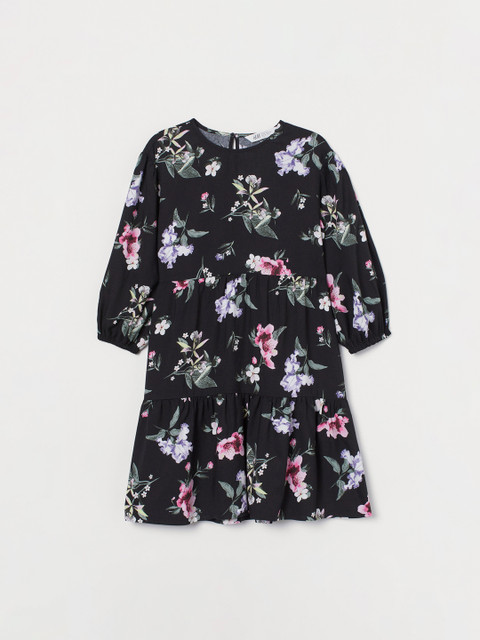 

H&M Girls Black & Pink Puff-Sleeved Dress