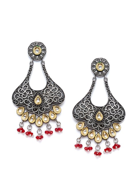 

PANASH Black & Silver-Plated Kundan Oxidised Drop Earrings