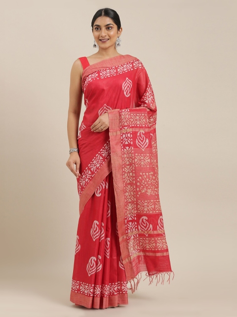 

The Chennai Silks Red Printed Linen Blend Saree