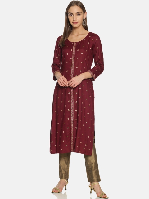 

Saffron Threads Women Burgundy & Gold-Toned Geometric Printed Kurta