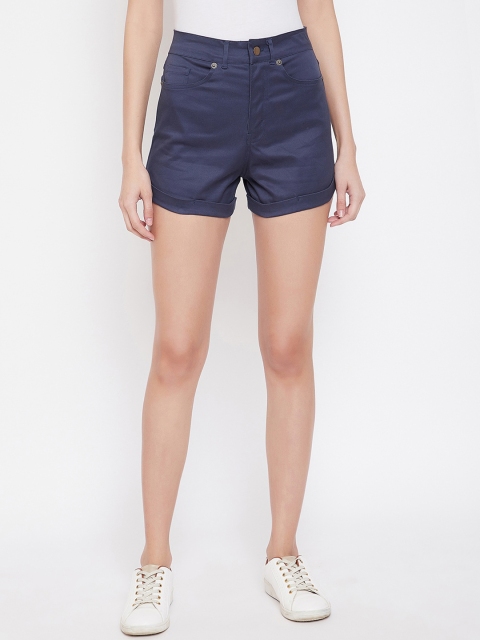 

Hypernation Women Navy Blue Solid Slim Fit Regular Shorts