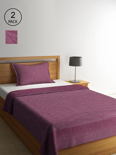 

KLOTTHE Set Of 2 Purple & White Geometric Single Bed Covers With 2 Pillow Covers