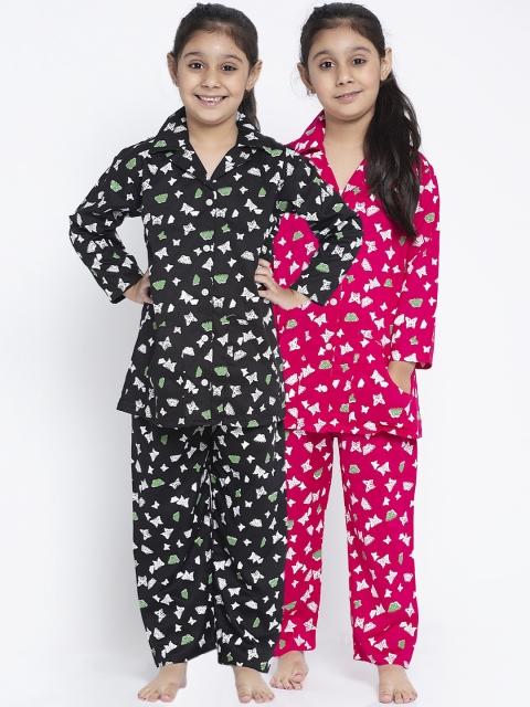 Baani Creations Girls Pack of 2 Pink & Black Printed Night suit