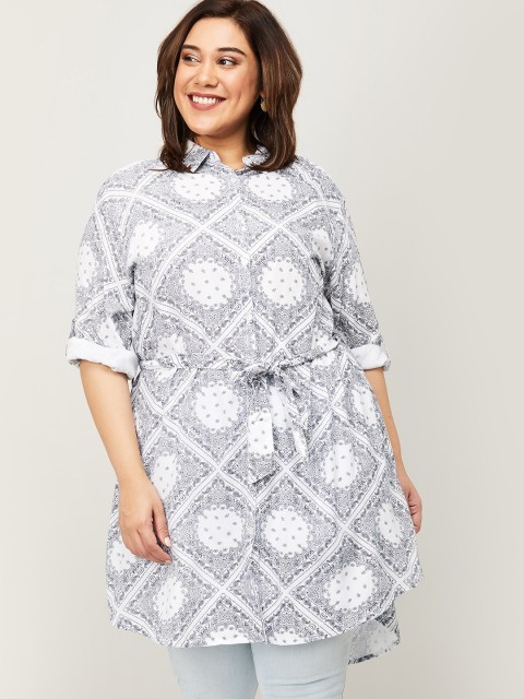 

Nexus Plus Size Navy Blue & White Printed Roll-up Sleeves Shirt Style Longline Top