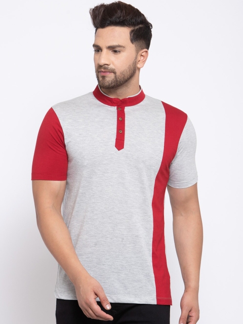 

Kalt Men Grey & Red Colourblocked Mandarin Collar T-shirt