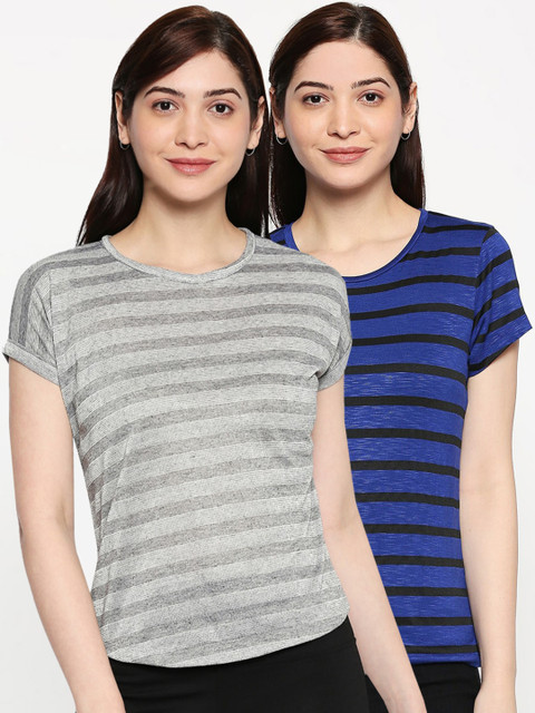 

inocenCia Women Pack of 2 Striped Round Neck T-shirt, Grey
