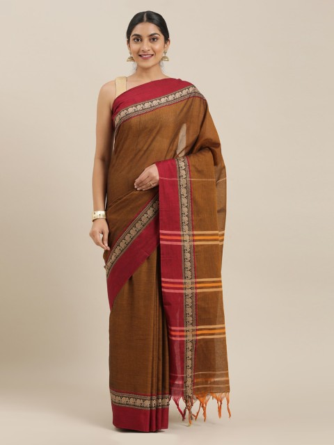 

The Chennai Silks Brown Cotton Blend Solid Narayan Peth Saree