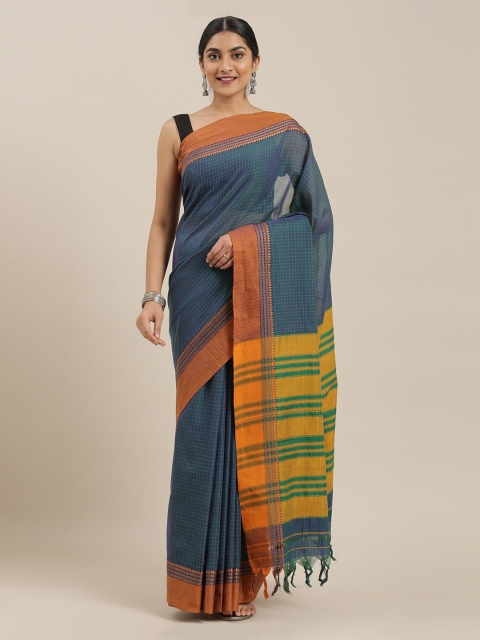 The Chennai Silks Blue Cotton Blend Solid Narayan Peth Saree