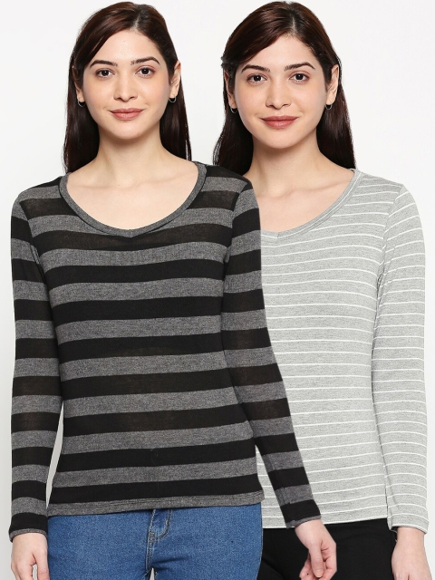 

inocenCia Women Pack of 2 Striped V-Neck T-shirt, Grey