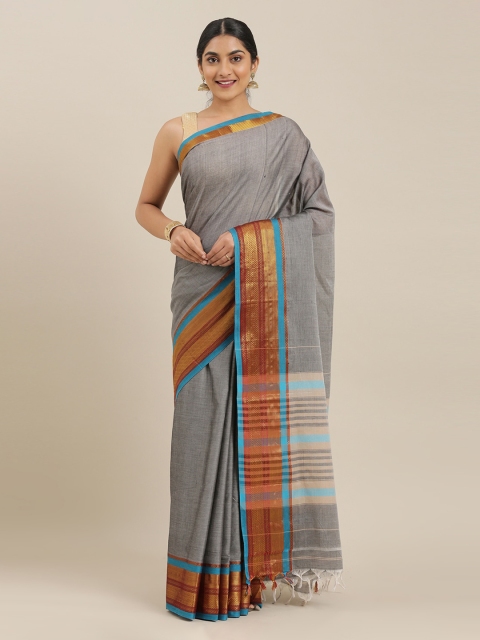 

The Chennai Silks Grey Cotton Blend Solid Narayan Peth Saree