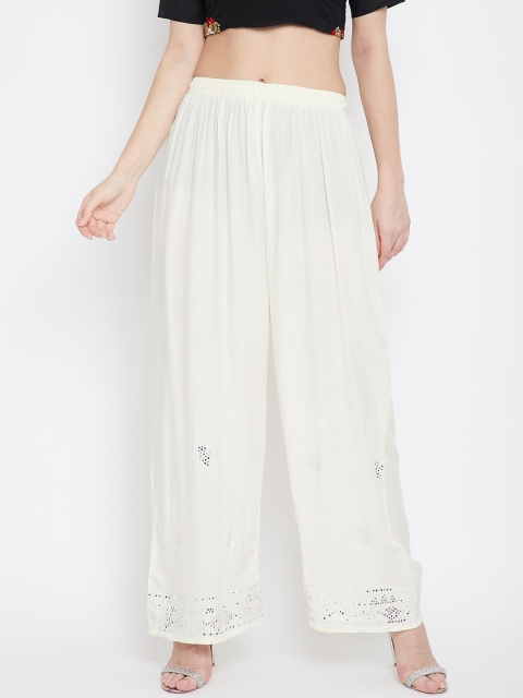 

Clora Creation Women White Embellished Wide Leg Palazzos