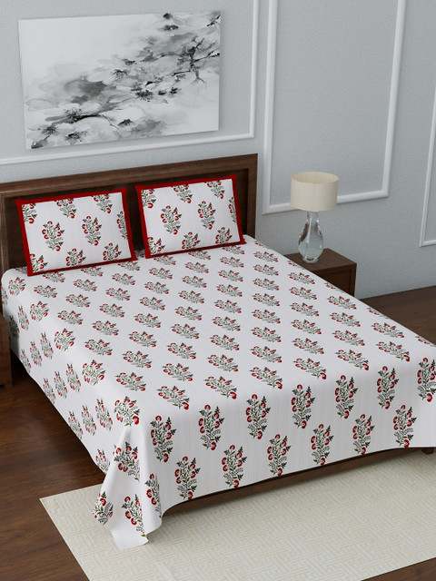 

LIVING ROOTS White & Red Floral 210 TC Cotton 1 Queen Bedsheet with 2 Pillow Covers