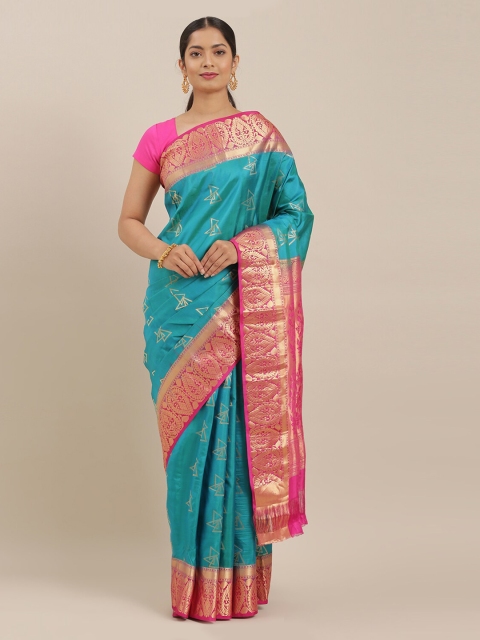

The Chennai Silks Turquoise Blue & Pink Pure Silk Woven Design Kanjeevaram Saree