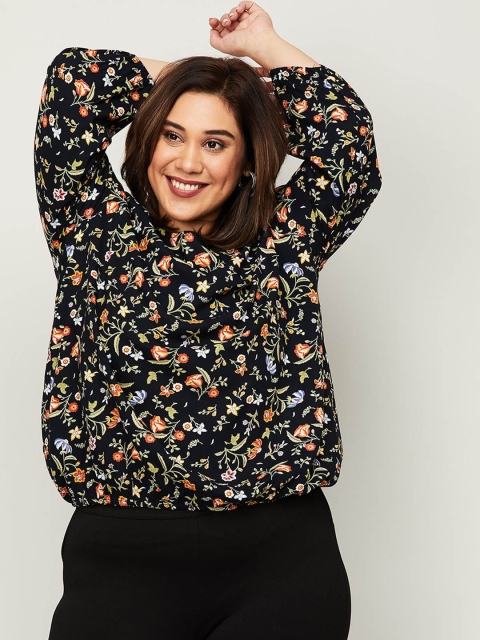 

Nexus Plus Size Black Floral Printed Bishop Sleeves Pure Cotton Blouson Top