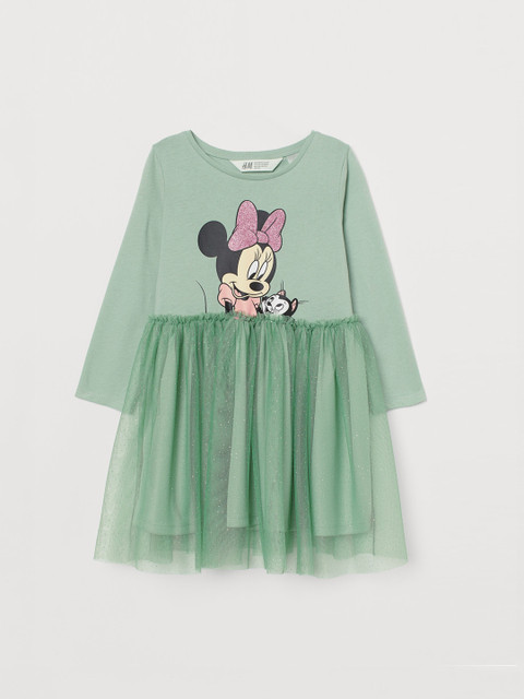 

H&M Girls Green & Black Minnie Mouse Printed Pure Cotton Tulle-skirt Jersey Dress