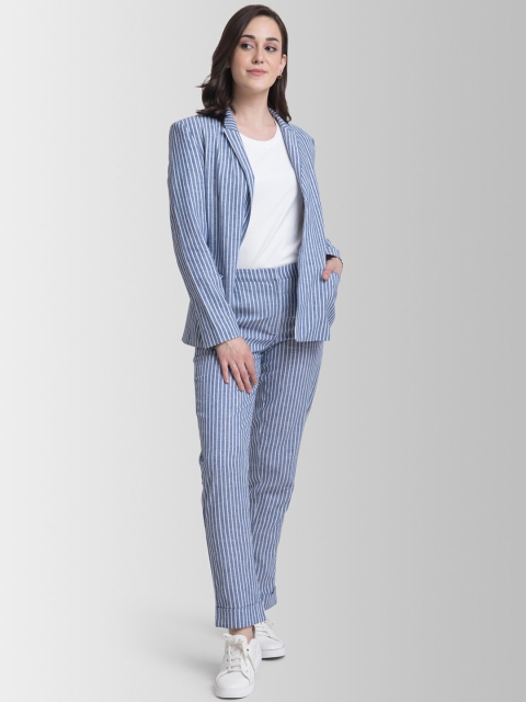 

FableStreet Women Blue & White Striped Coat with Trousers