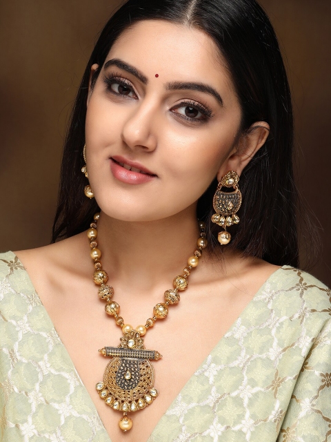 

Rubans Gold-Plated White Kundan-Studded Blue Enamelled Handcrafted Jewellery Set