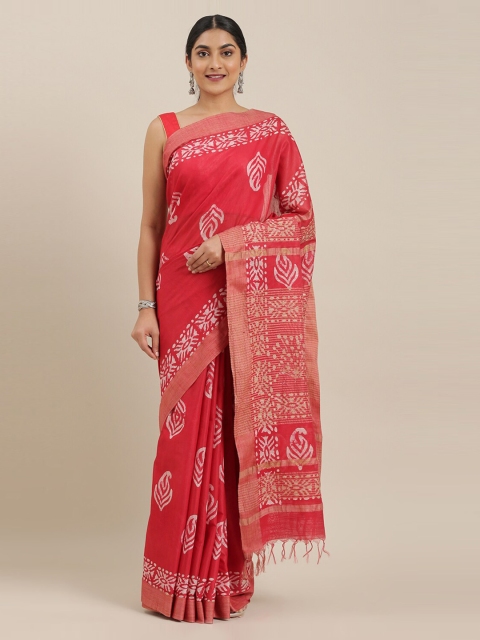 

The Chennai Silks Red Printed Linen Blend Saree