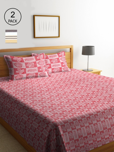 

KLOTTHE Set Of 2 White & Pink Striped Double King Bed Covers With 4 Pillow Covers