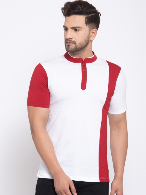 

Kalt Men White & Red Colourblocked Henley Neck T-shirt