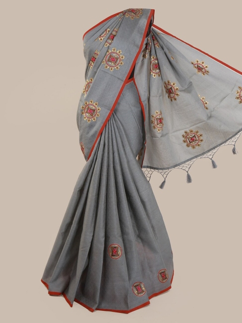 

Pothys Grey Embroidered Cotton Blend Saree