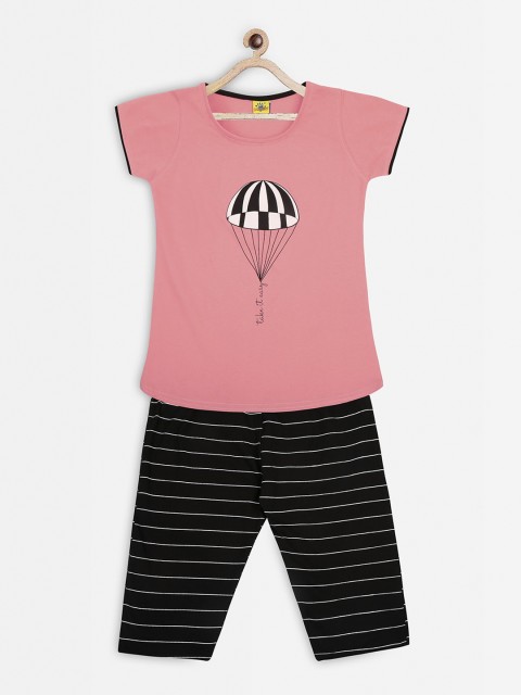

Punkster Girls Pink & Black Printed Night Suit