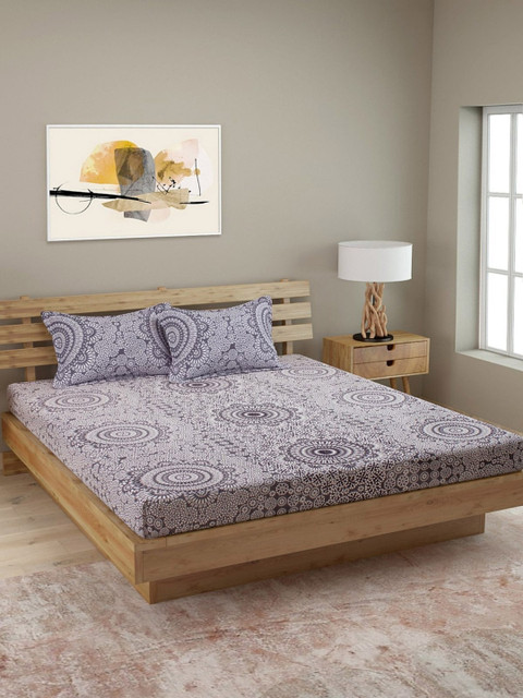 

ROMEE Grey & White Ethnic Motifs 144 TC Cotton 1 Queen Bedsheet with 2 Pillow Covers