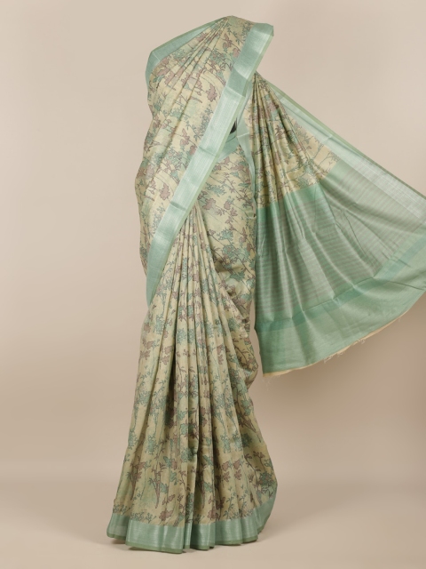 

Pothys Beige & Green Linen Blend Printed Saree