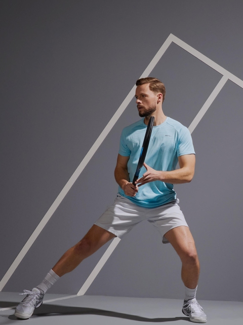 

Artengo By Decathlon Men Blue Striped Round Neck Tennis T-shirt