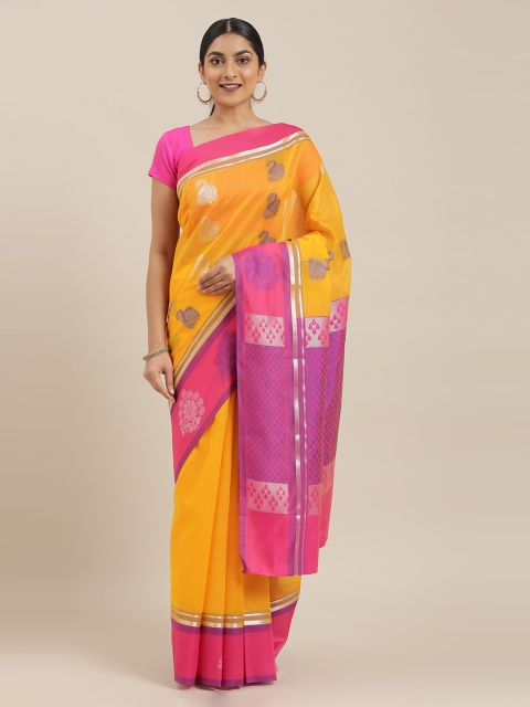 

The Chennai Silks Yellow & Pink Silk Cotton Colourblocked Maheshwari Saree