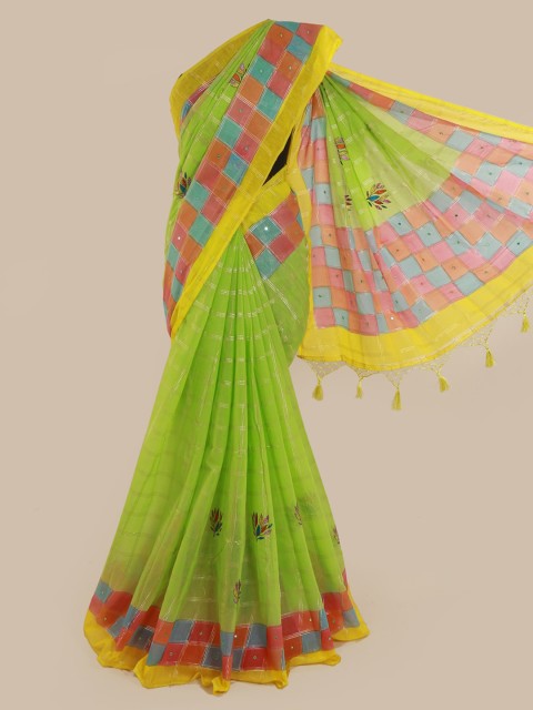 

Pothys Green Checked Cotton Blend Saree
