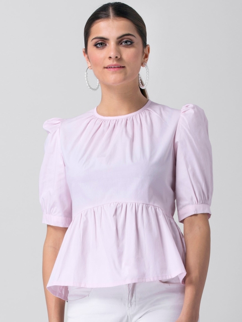 

Faballey Pink Puff Sleeves Pure Cotton Peplum Top
