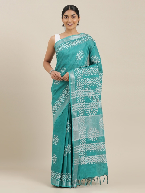 

The Chennai Silks Green Printed Linen Blend Saree