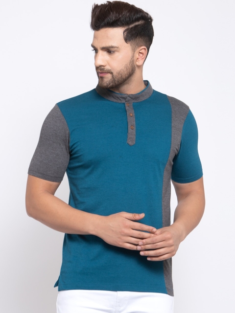 

Kalt Men Teal Blue & Grey Colourblocked Mandarin Collar T-shirt