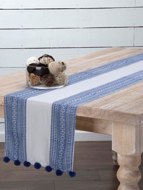 

Mezposh White & Blue Striped Pompom Table Runners
