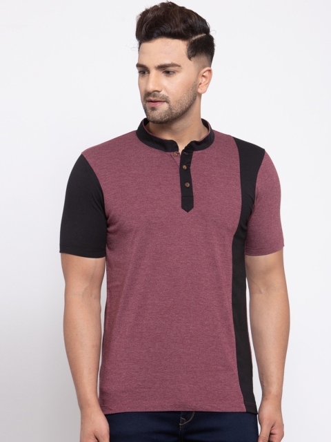 

Kalt Men Pink & Black Colourblocked Mandarin Collar T-shirt