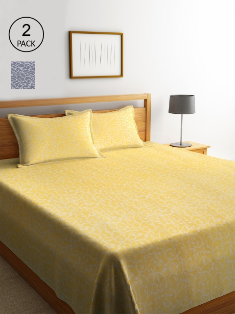 

KLOTTHE Set Of 2 White & Yellow Woven Design Double King Bed Covers With 4 Pillow Covers