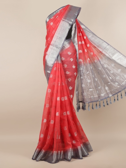 

Pothys Peach-Coloured & Silver-Toned Jute Silk Woven Design Saree With Tasseled Pallu
