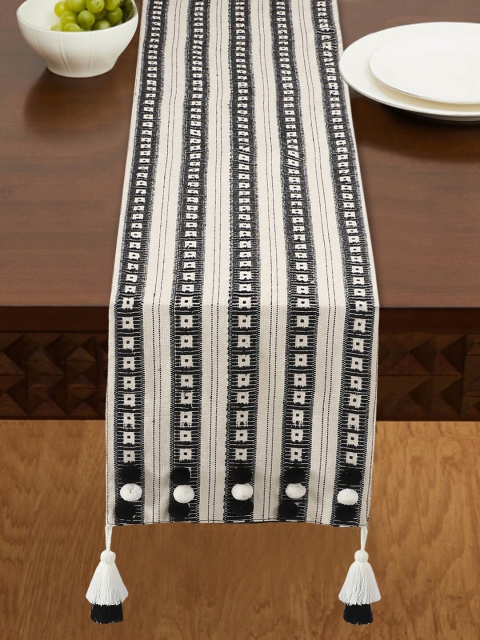 

Mezposh Black & Off-White Geometric Embroidered 6 Seater Table Runner With Tassels