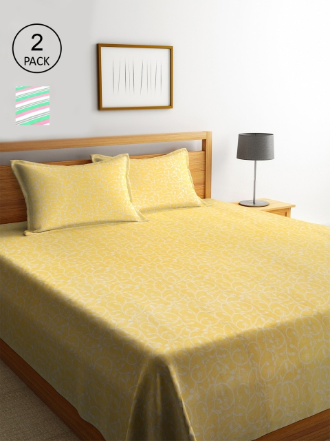 

KLOTTHE Set Of 2 Floral Double King Bed Covers With 4 Pillow Covers, Yellow