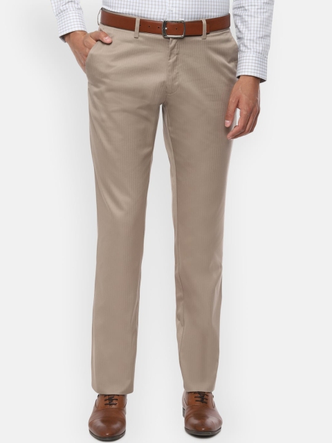 Louis Philippe Men Beige Regular Fit Striped Formal Trousers