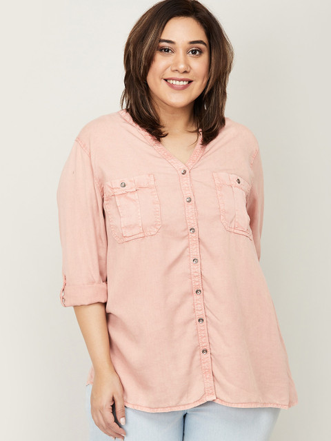 

Nexus Pink Mandarin Collar Roll-up Sleeves Shirt Style Top