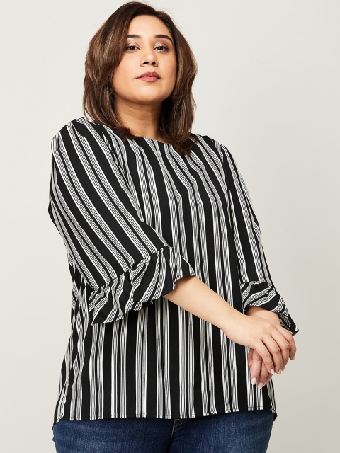 

Nexus Plus Size Black & White Striped Bell Sleeves Monochrome Top