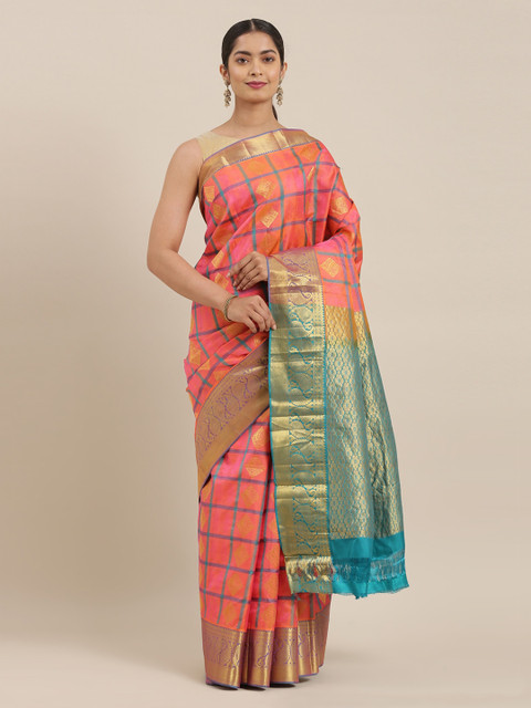 

The Chennai Silks Coral Pink Pure Silk Checked Kanjeevaram Saree