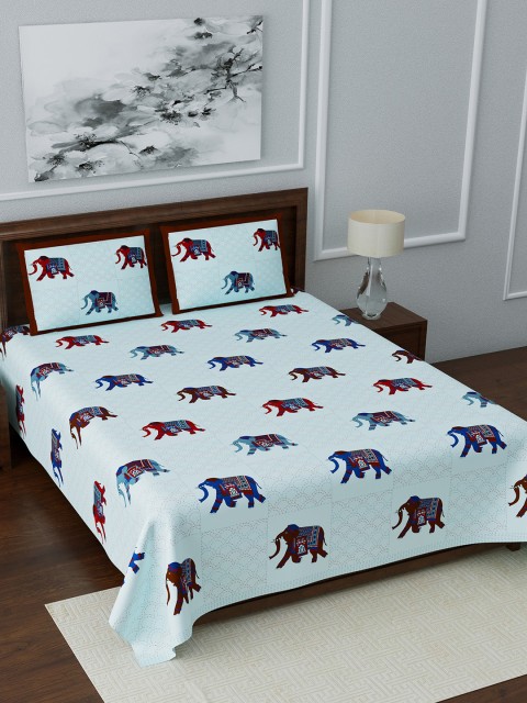 

LIVING ROOTS Turquoise Blue & Brown Queen Bedsheet 210 TC with 2 Pillow cover