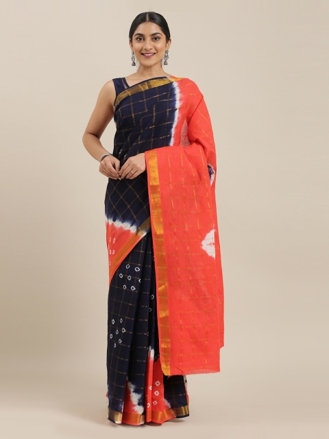The Chennai Silks Navy Blue & Gold-Toned Pure Cotton Checked Sungudi Saree
