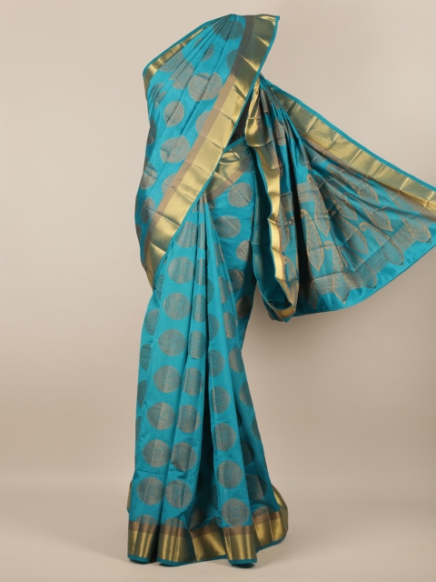 

Pothys Turquoise Blue & Gold-Toned Jute Silk Woven Design Saree With Zari Border